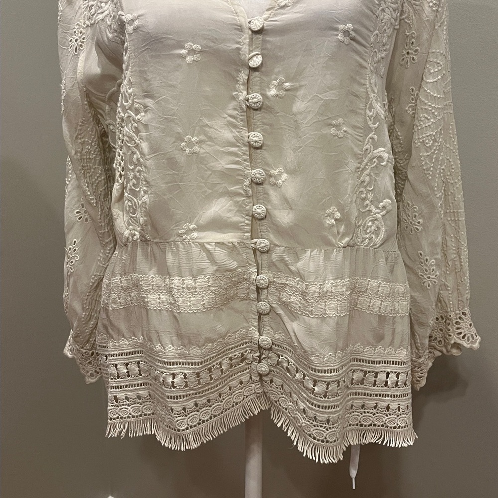 Johnny Was Cream Embroidered Button-Up Top - Picture 6 of 11